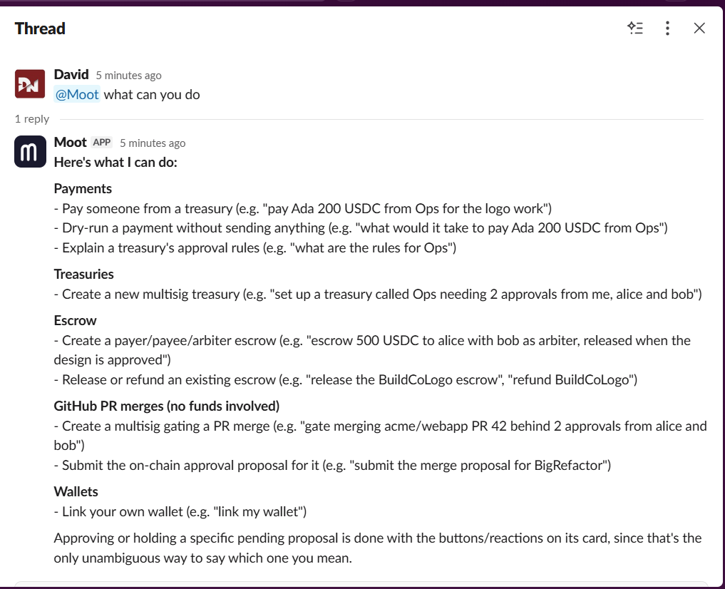 Moot listing its capabilities in a Slack thread